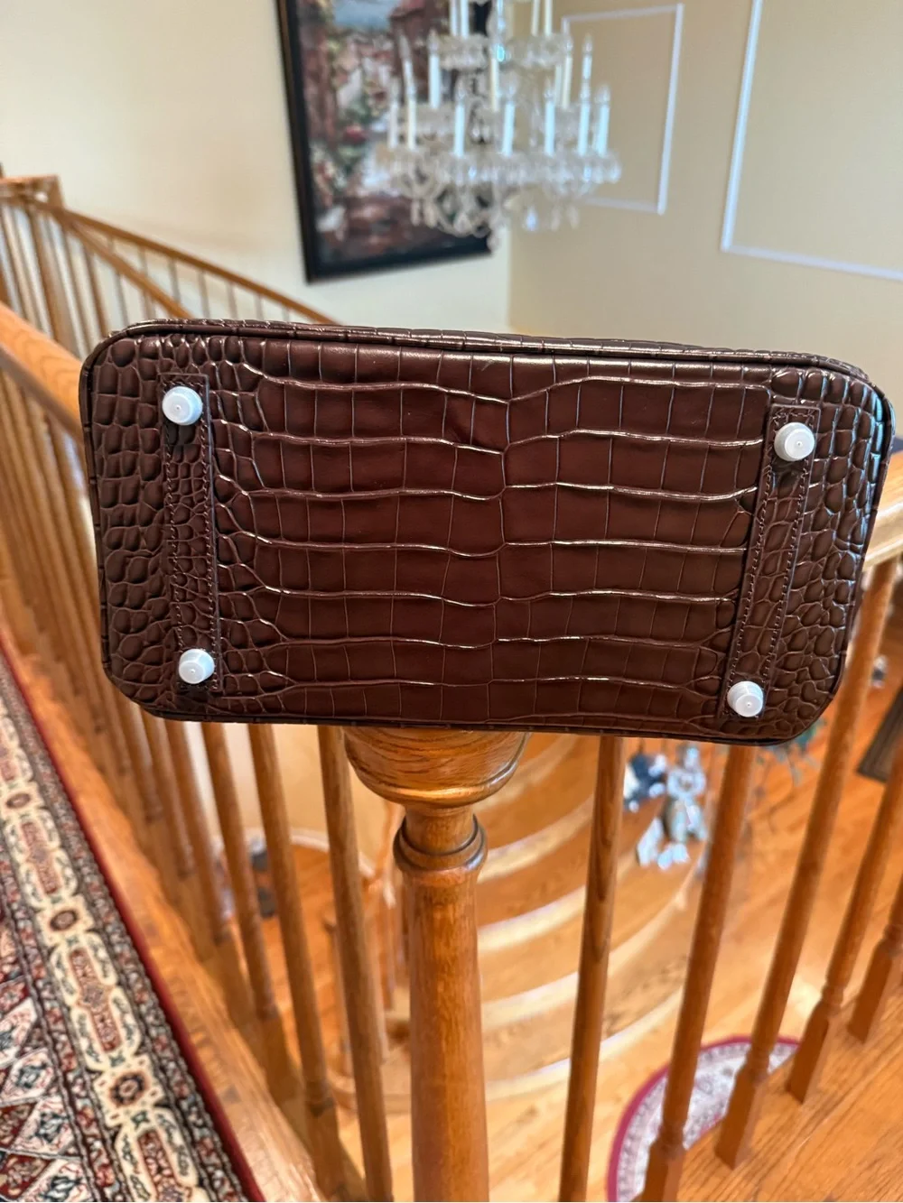Structured Croc-Embossed Top-Handle Tote in Dark Brown